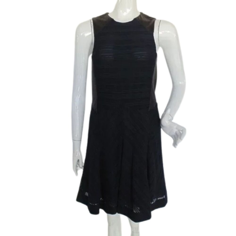 RAG & BONE Basha Dress, 8, Black Leather Trim, Navy Semi-sheer, Fit & Flare